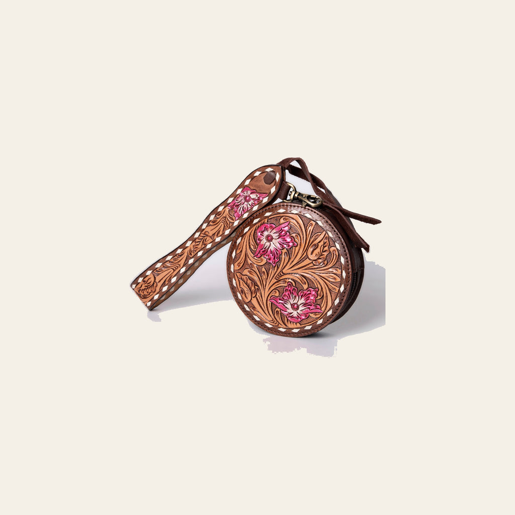 American Darling Canteen Bag, Hand Tooled Thunderbird Floral Leather, Genuine Vegetable-Tanned Crossbody, Small Western Purse
