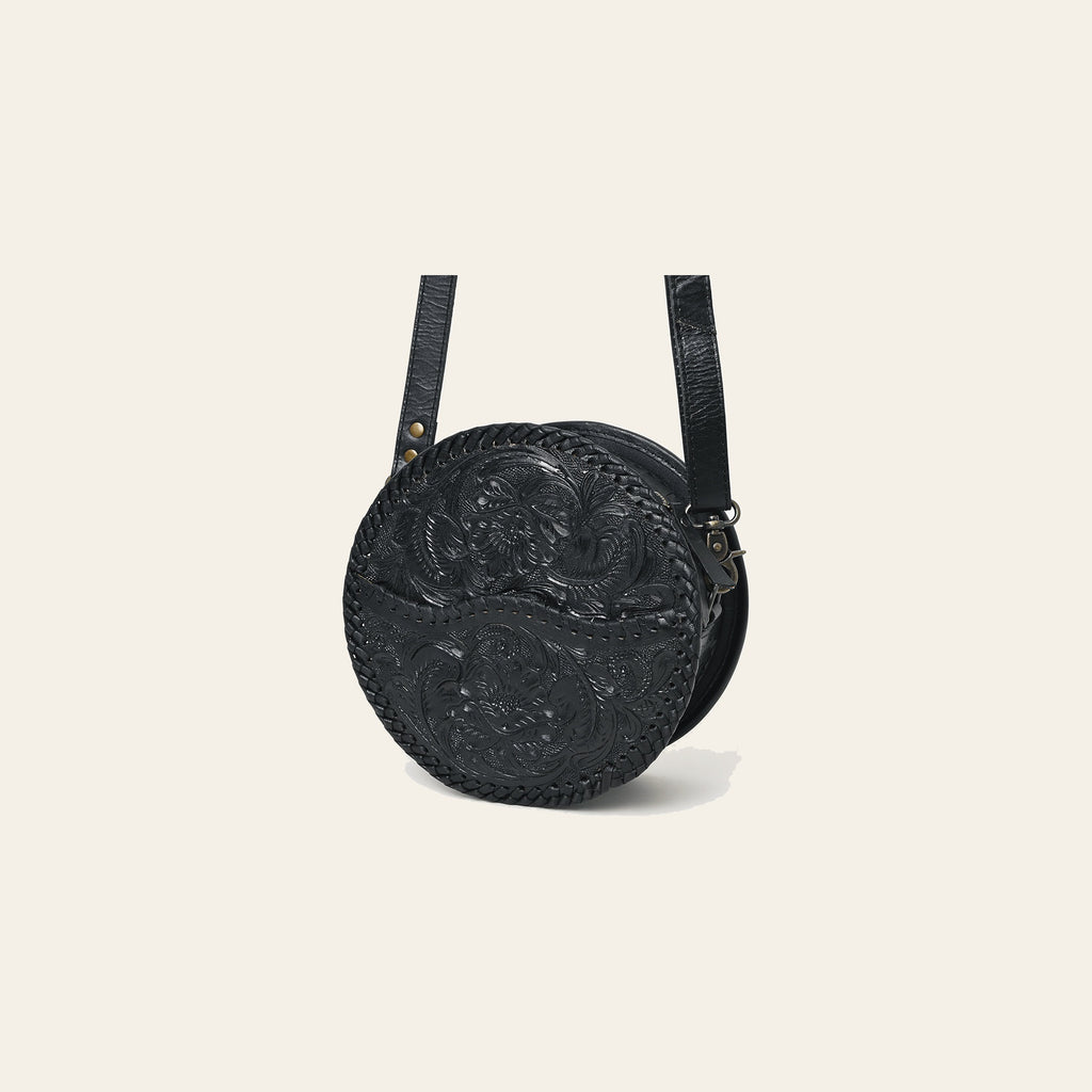 American Darling Western Leather Canteen Bag – Genuine Leather Hand-Tooled Floral Carved Round Crossbody for Everyday Use