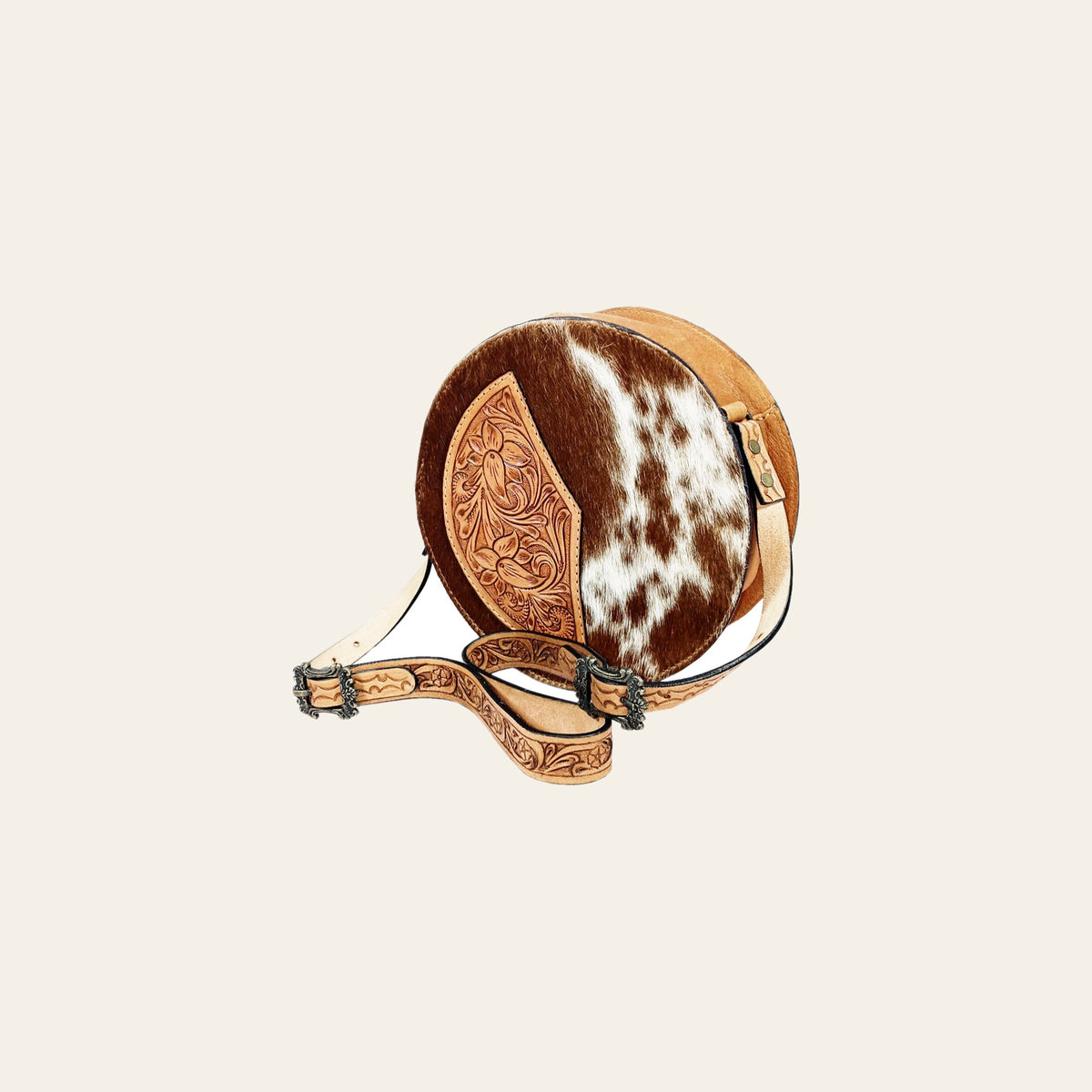 American Darling Canteen Bag, Hand Tooled Floral Carved Vegetable-Tanned Leather, Hair-On Cowhide Western Crossbody Purse
