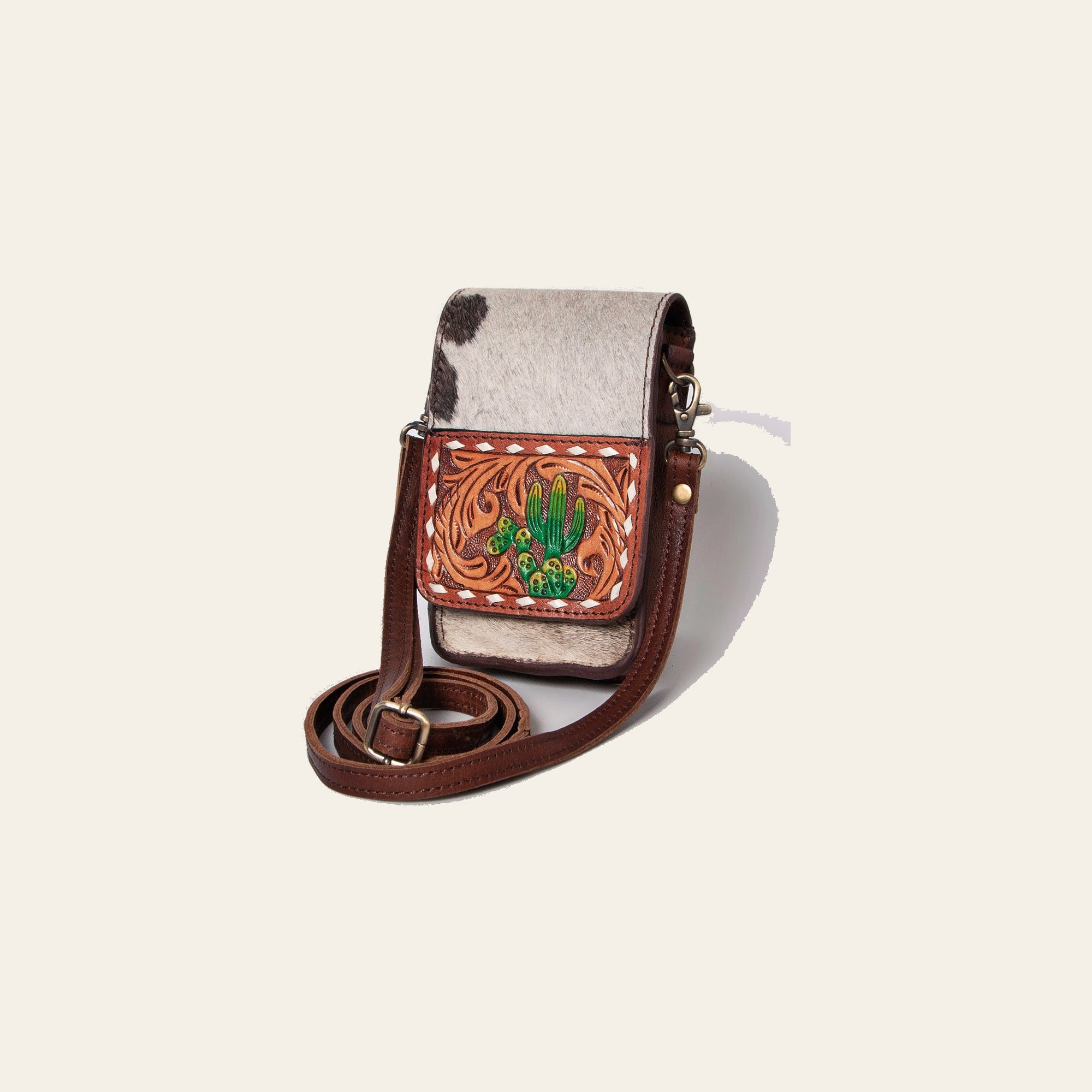 American Darling Cell Phone Holder, Hand Tooled Floral Cactus Leather, Hair-On Cowhide, Western Crossbody Phone Purse