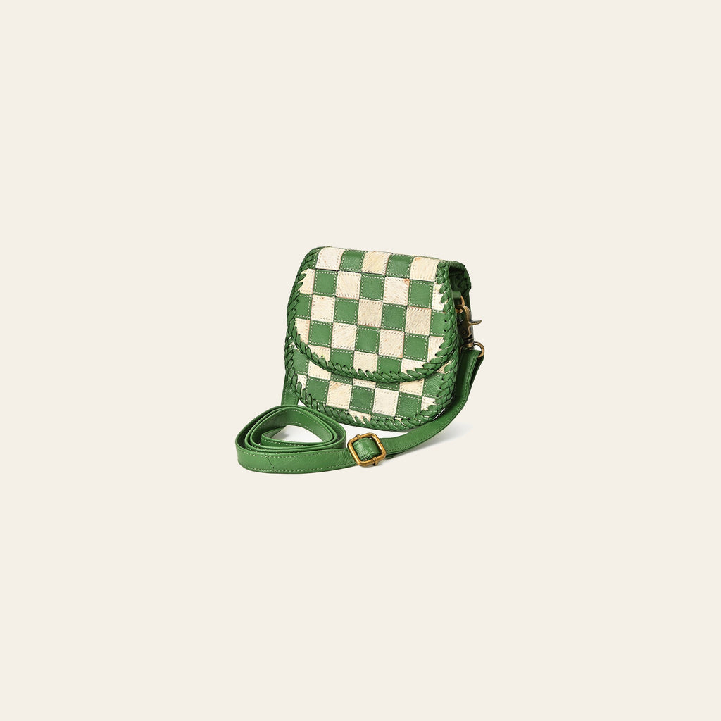 American Darling Checkered Flap Bag Mini Crossbody Style Braided Trim & Leather