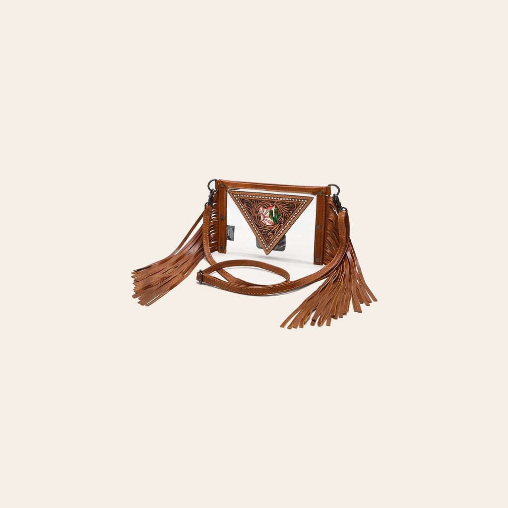 American Darling Clear Bag, Hand Tooled Leather Trim with Fringes, Stadium Approved Western Crossbody, Handcrafted Purse