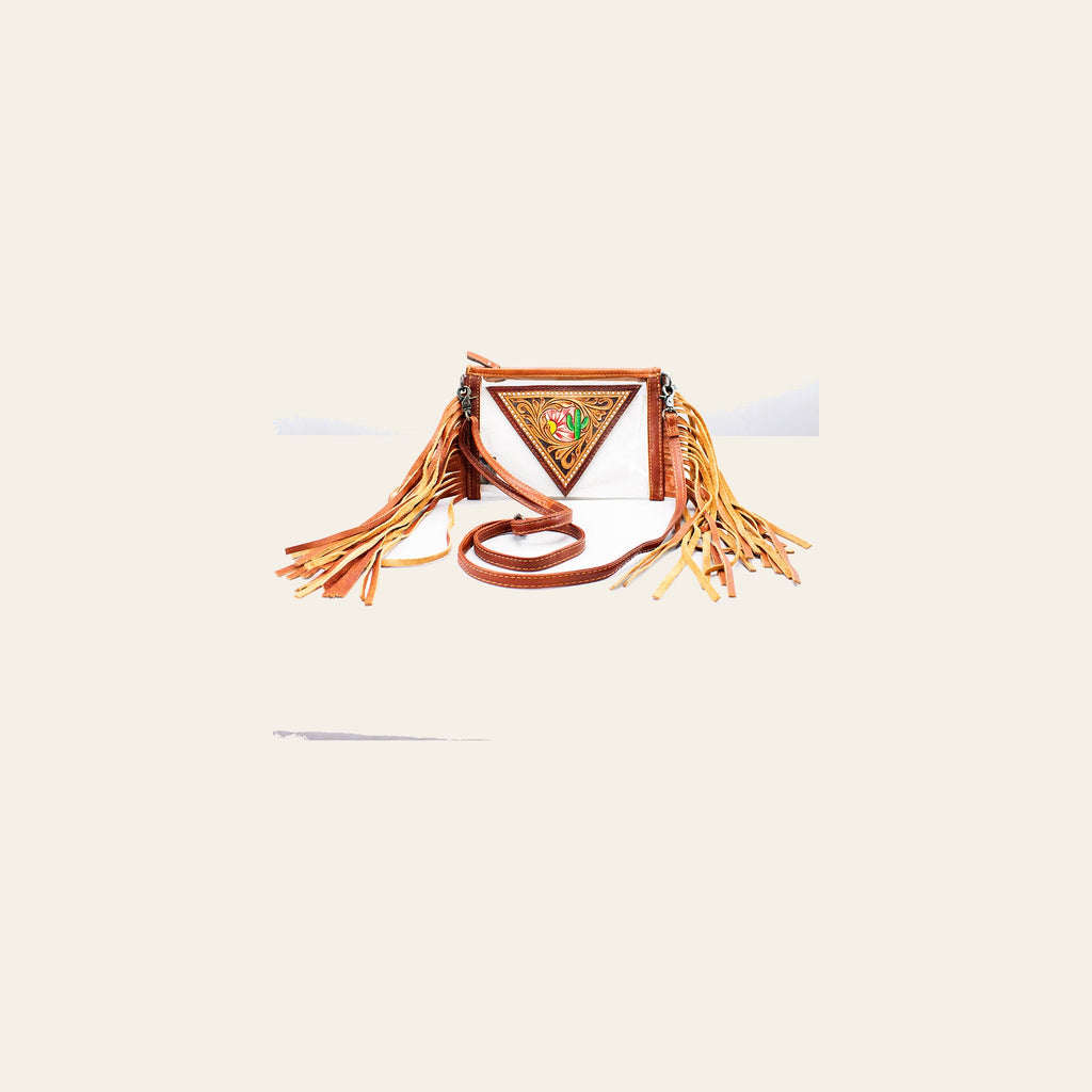 American Darling Clear Bag Western Hand-Tooled Genuine Leather Crossbody with Fringes and Floral Carved Panel