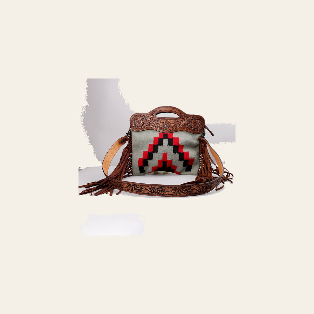 American Darling Clutch Bag Hand Tooled Floral Carved Genuine Leather Western Purse with Hand Woven Saddle Blanket & Fringes
