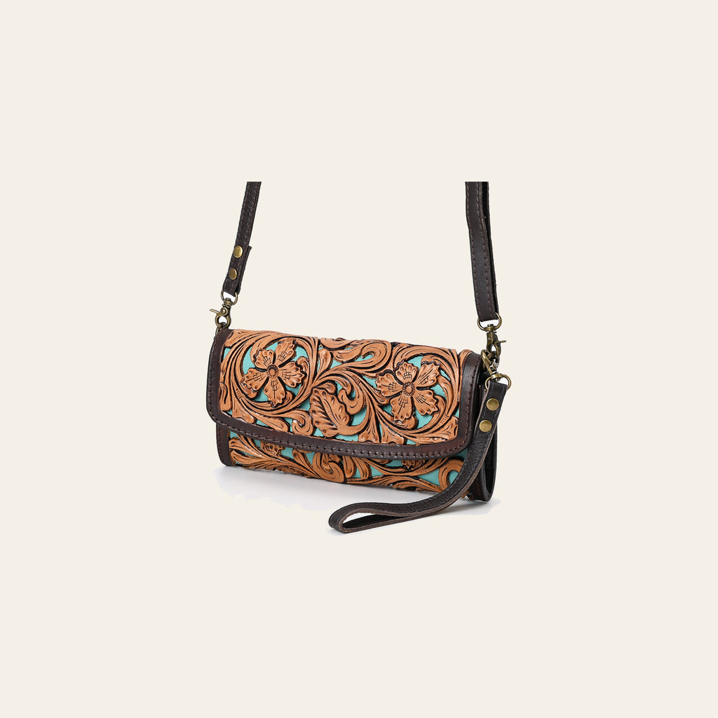 American Darling Western Leather Small Cross body Bag - Eco-Friendly Vegetable Tanned Full Grain Leather Hand Tooled Floral Carved Purse
