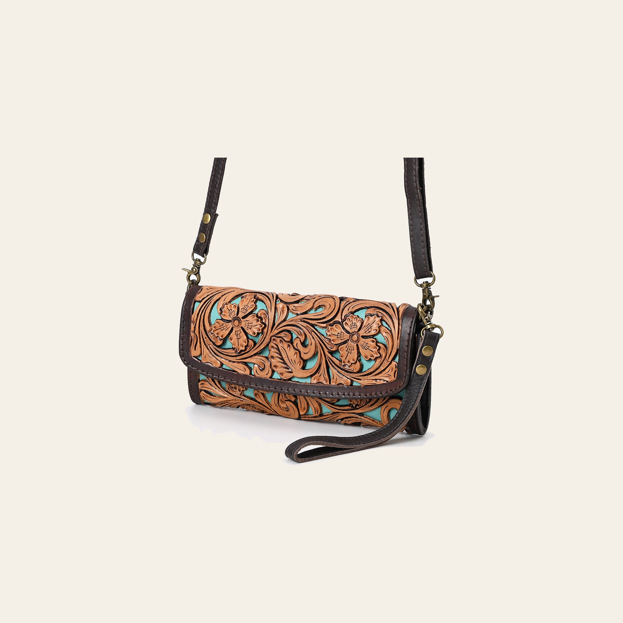 American Darling Western Leather Small Cross body Bag - Eco-Friendly Vegetable Tanned Full Grain Leather Hand Tooled Floral Carved Purse
