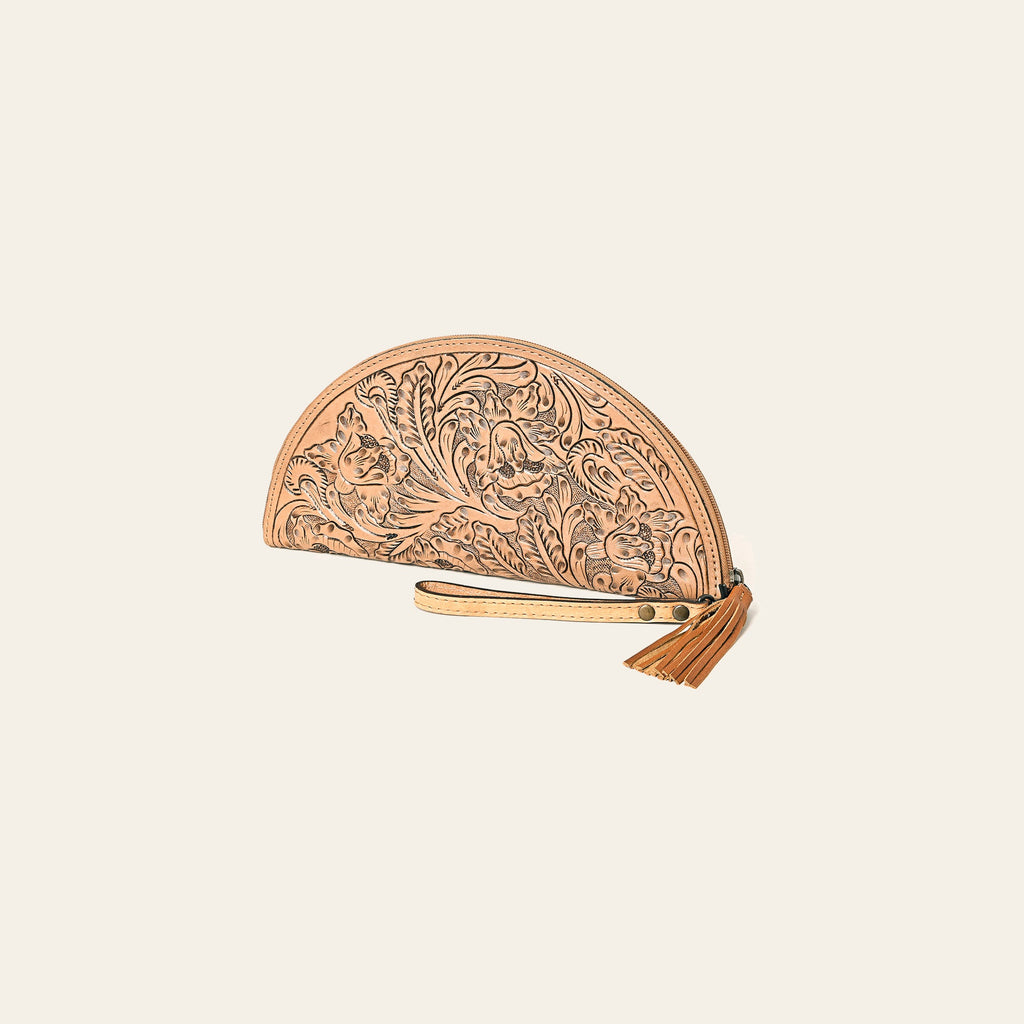 American Darling Western Hand-Tooled Leather Taco Bag for Women – Genuine Floral Carved Wristlet with Fringe Details