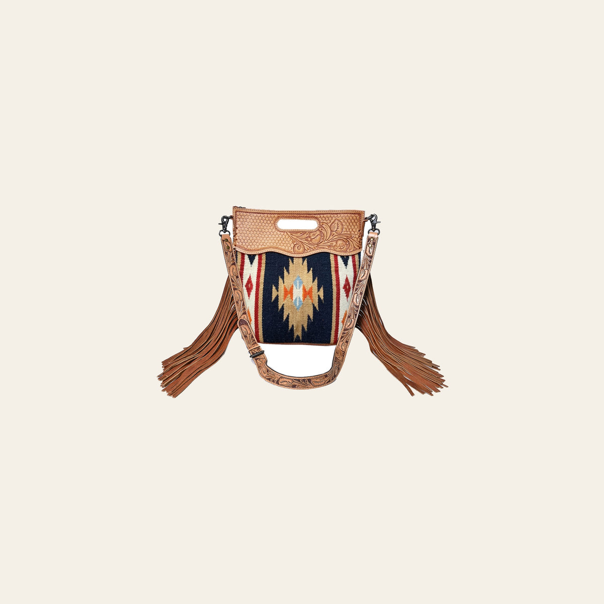 American Darling Cross body Bag, Hand Tooled Floral Carved Vegetable-Tanned Leather, Woven Saddle Blanket & Fringes