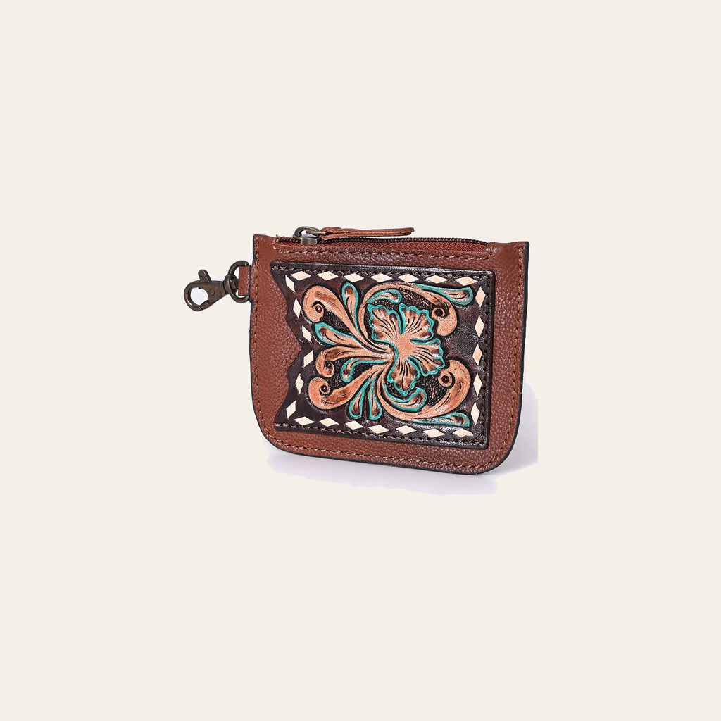 American Darling Hand Tooled Floral Carved Coin Purse Genuine Vegetable-Tanned Full Grain Leather Western Accessories