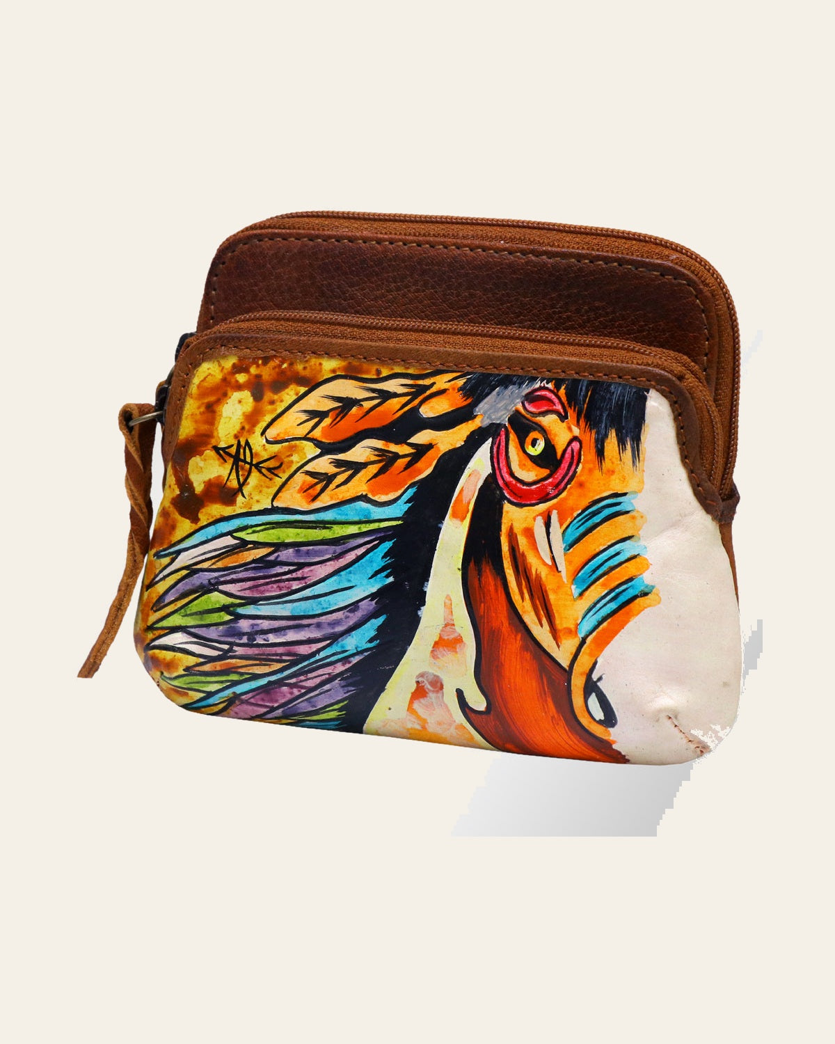 American Darling Coin Purse, Hand Painted Western Horse Scene, Vegetable Tanned Full Grain Leather, 8in X 3in X 12in
