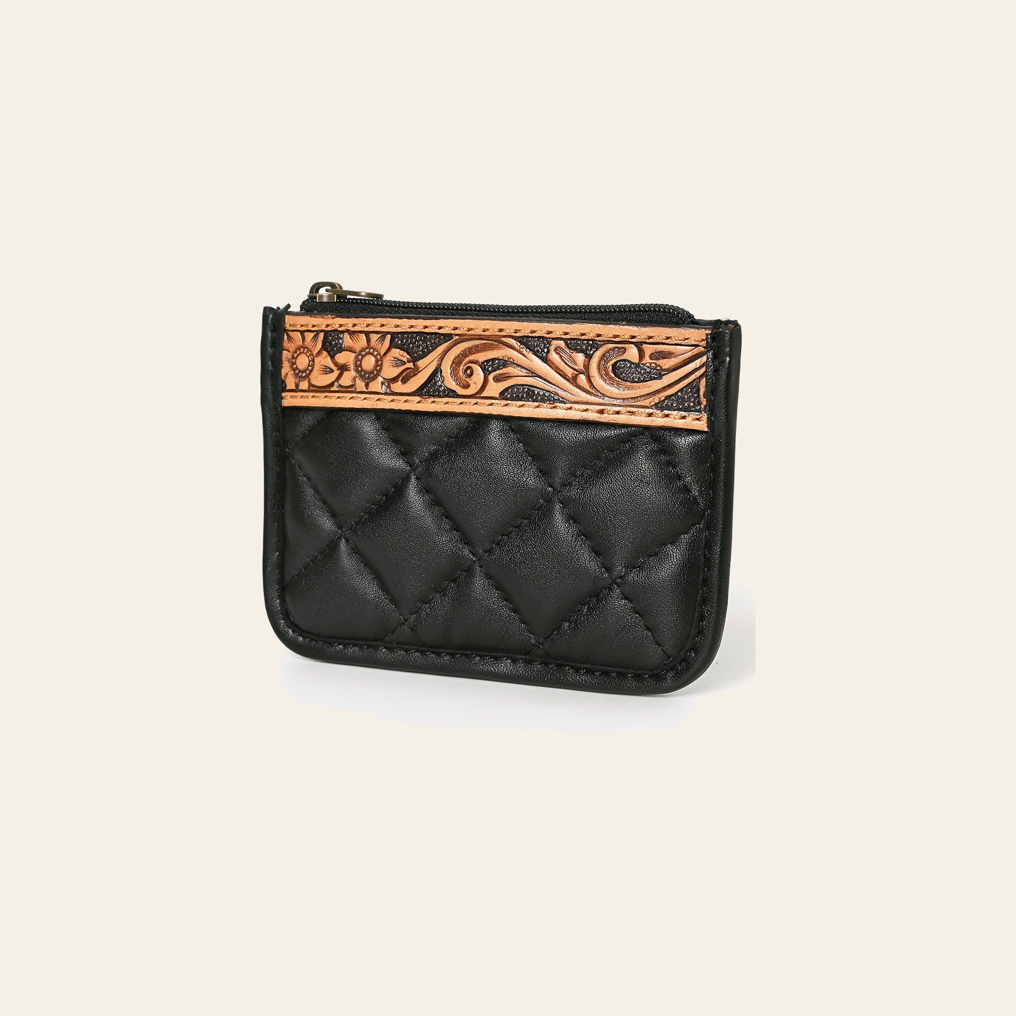 American Darling Genuine Leather Hand-Tooled Floral Quilted Coin Purse with YKK Zipper - 3.5in X 5in