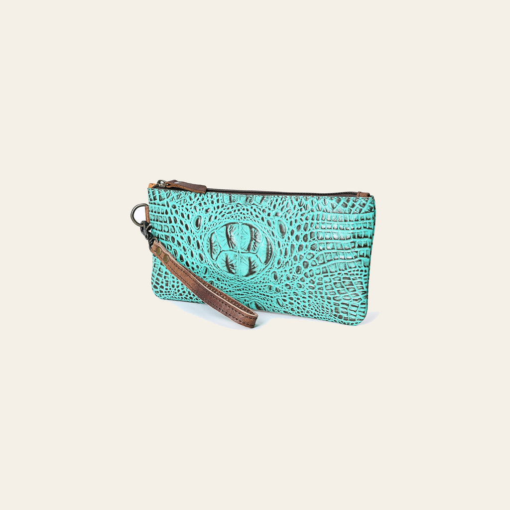 American Darling Wristlet Bag for Women, Crocodile Embossed Full Grain Leather Western Clutch with YKK Zipper & Wrist Strap