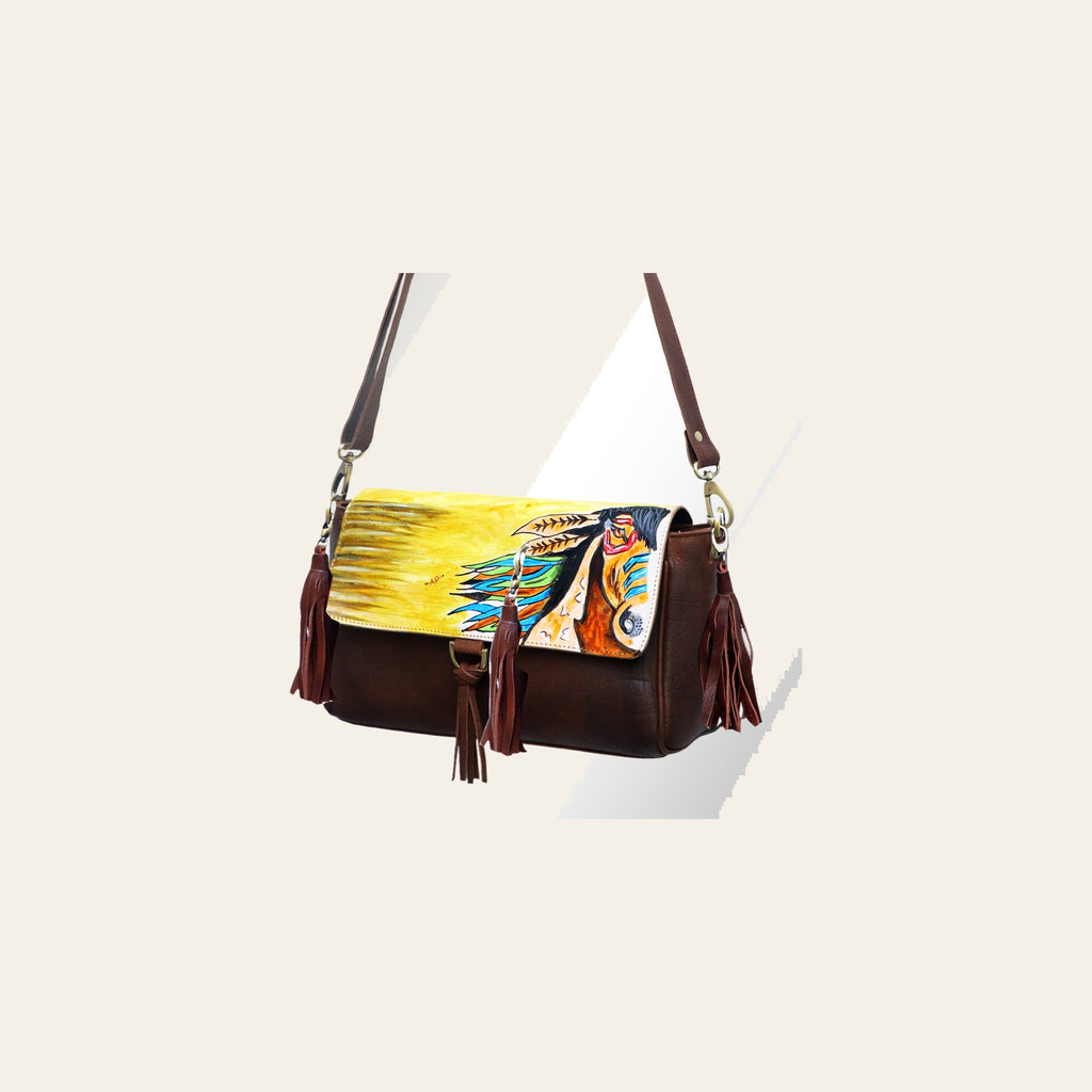 American Darling Cross body Bag, Hand Painted Artistic Horse Scene, Fringed Vegetable Tanned Leather, 14in X 2in X 12in