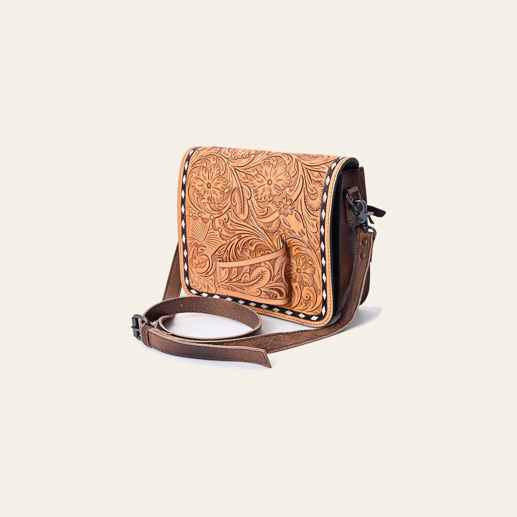 American Darling Small Crossbody Bag – Genuine Leather Hand-Tooled Floral Carving, Adjustable Strap, Western Style Purse for Women