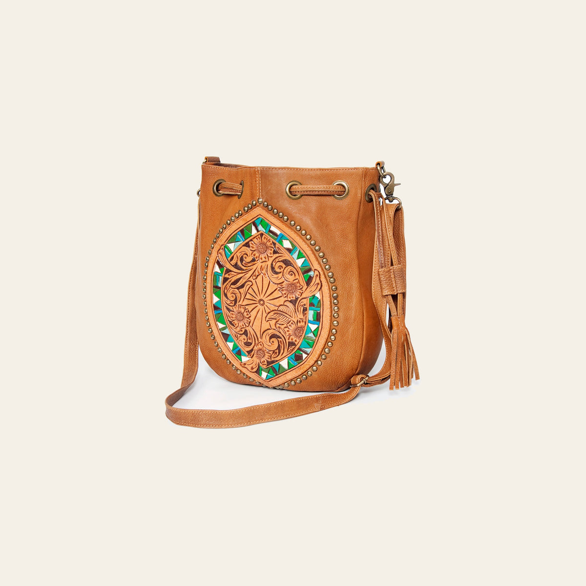 American Darling Bucket Bag Hand Tooled Floral Leather & Hair-On Cowhide Western Crossbody Purse 14in x 12in