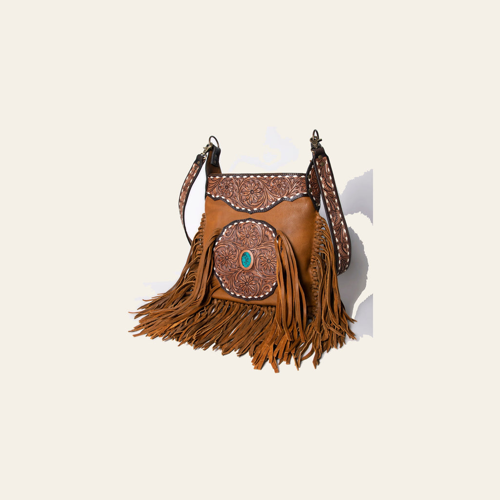 American Darling Hand Tooled Genuine Leather Large Cross Body Bag Women's Floral Carved Purse with Turquoise Concho & Fringes
