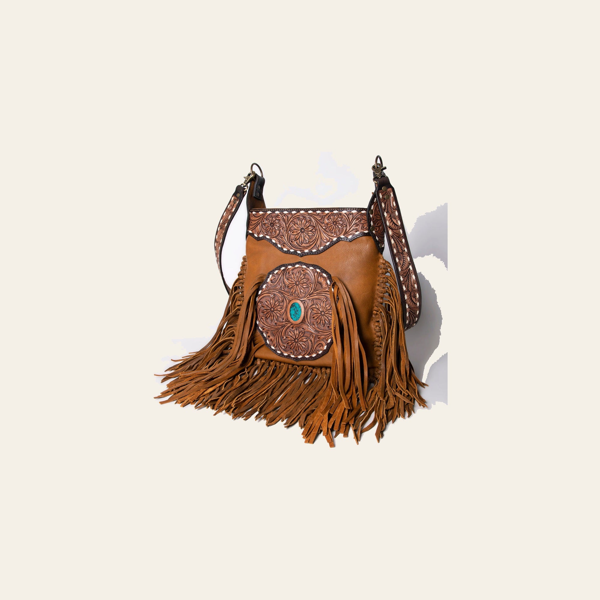 American Darling Hand Tooled Genuine Leather Large Cross Body Bag Women's Floral Carved Purse with Turquoise Concho & Fringes