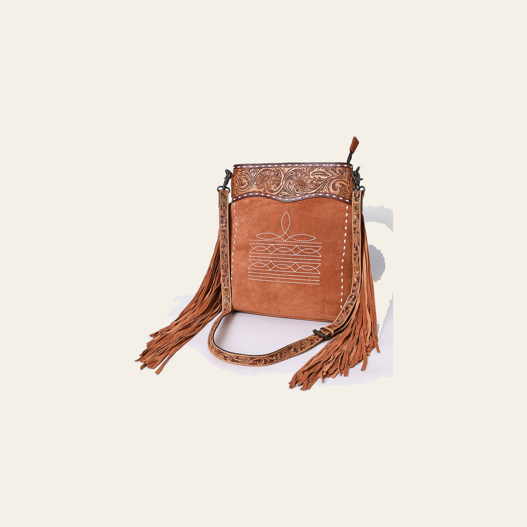 American Darling Western Leather Large Crossbody Bag – Genuine Hand-Tooled Panels, Fringe Styling, Spacious Everyday Carry with Premium Craftsmanship