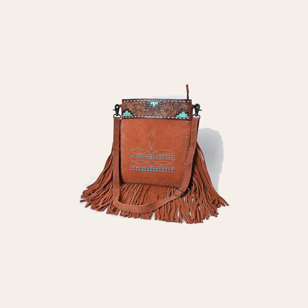 American Darling Western Genuine Suede Large Crossbody Bag with Fringe, Rivet & Boot Stitch Details – Genuine Leather, Handcrafted Design