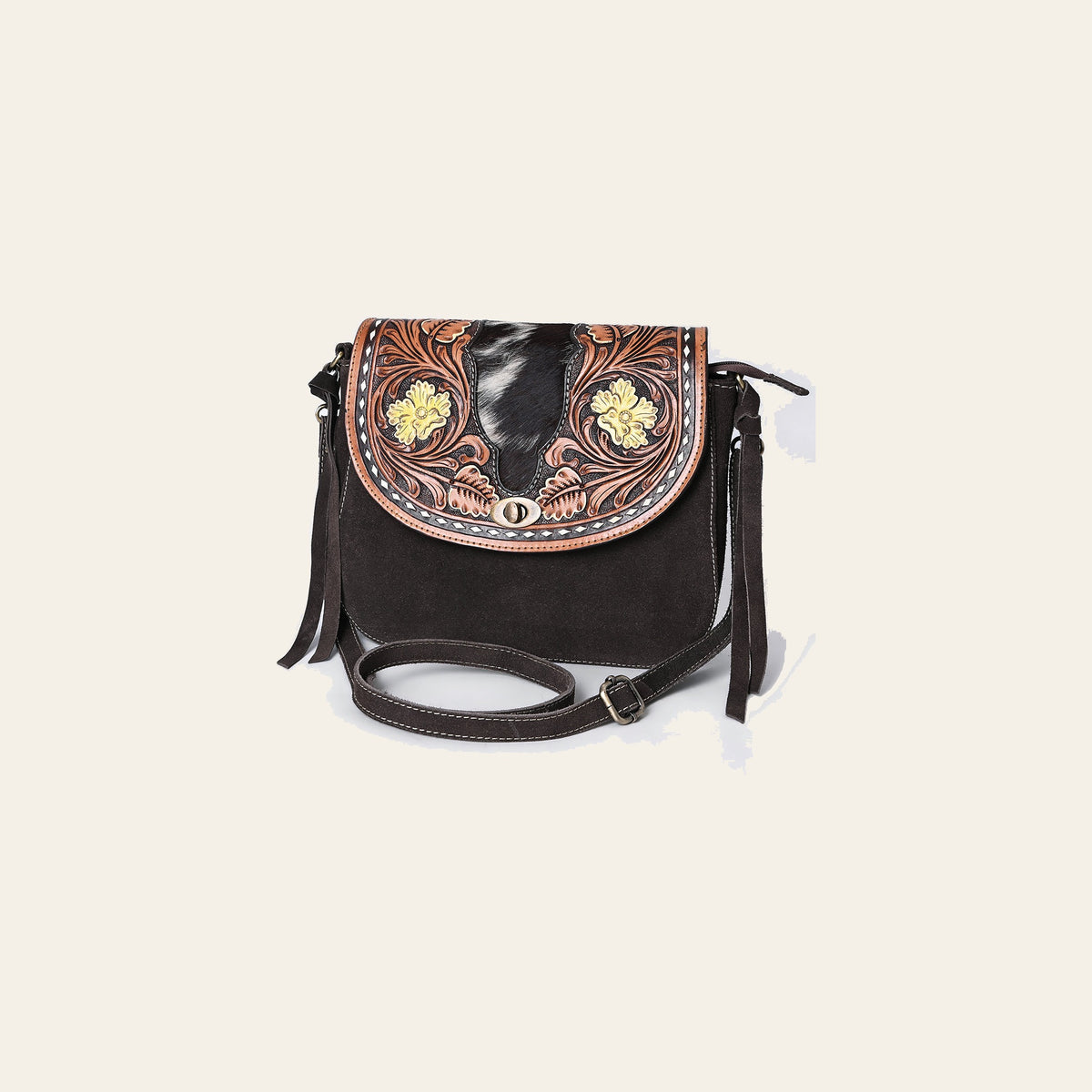 American Darling Hand Tooled Floral Carved Hair-On Cowhide Cross body Bag Genuine Vegetable-Tanned Leather Fringed Purse
