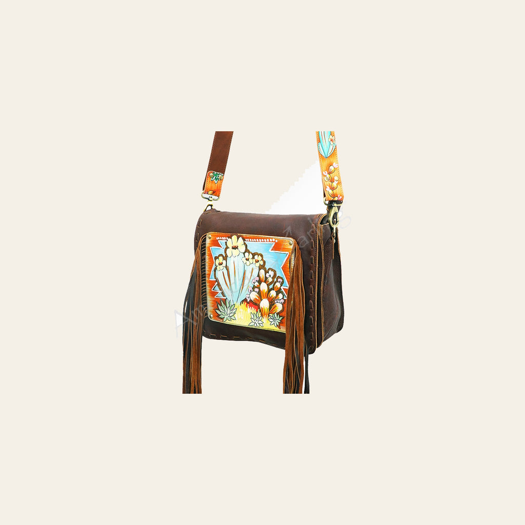 American Darling Cross body Bag Hand Tooled Floral Leather Fringed Western Purse 12in x 12in
