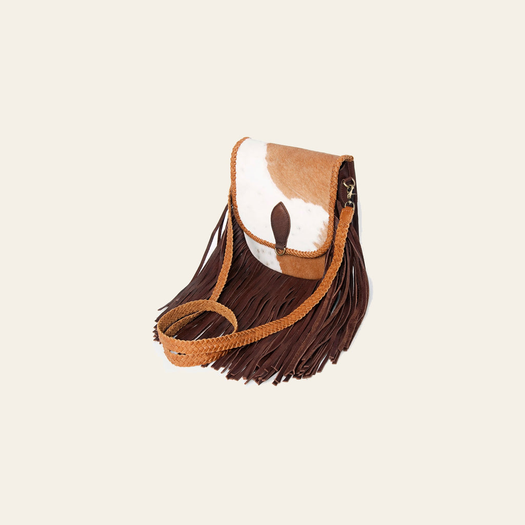 American Darling Cross body Bag, Genuine Hair-On Cowhide & Leather with Fringes and Braided Detail, 9in (H) X 9in (W) X 2in (D)