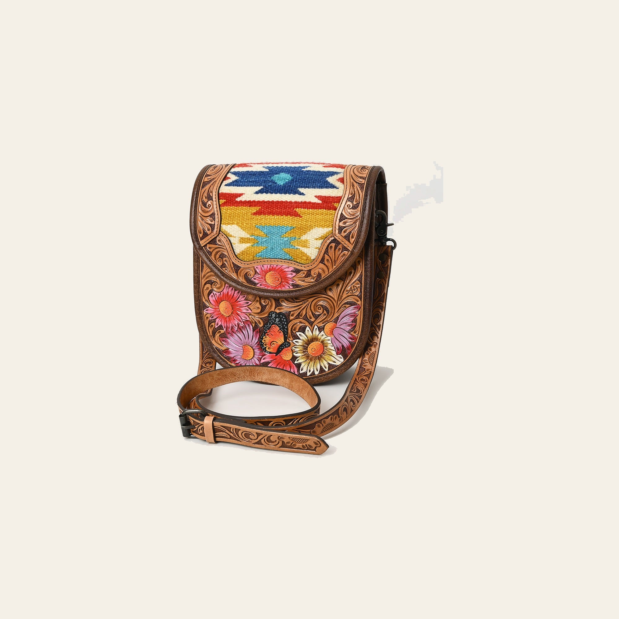 American Darling Western Crossbody Bag Handcrafted from Saddle Blanket & Hand-Tooled Leather | Hand Painted Floral & Flap Closure