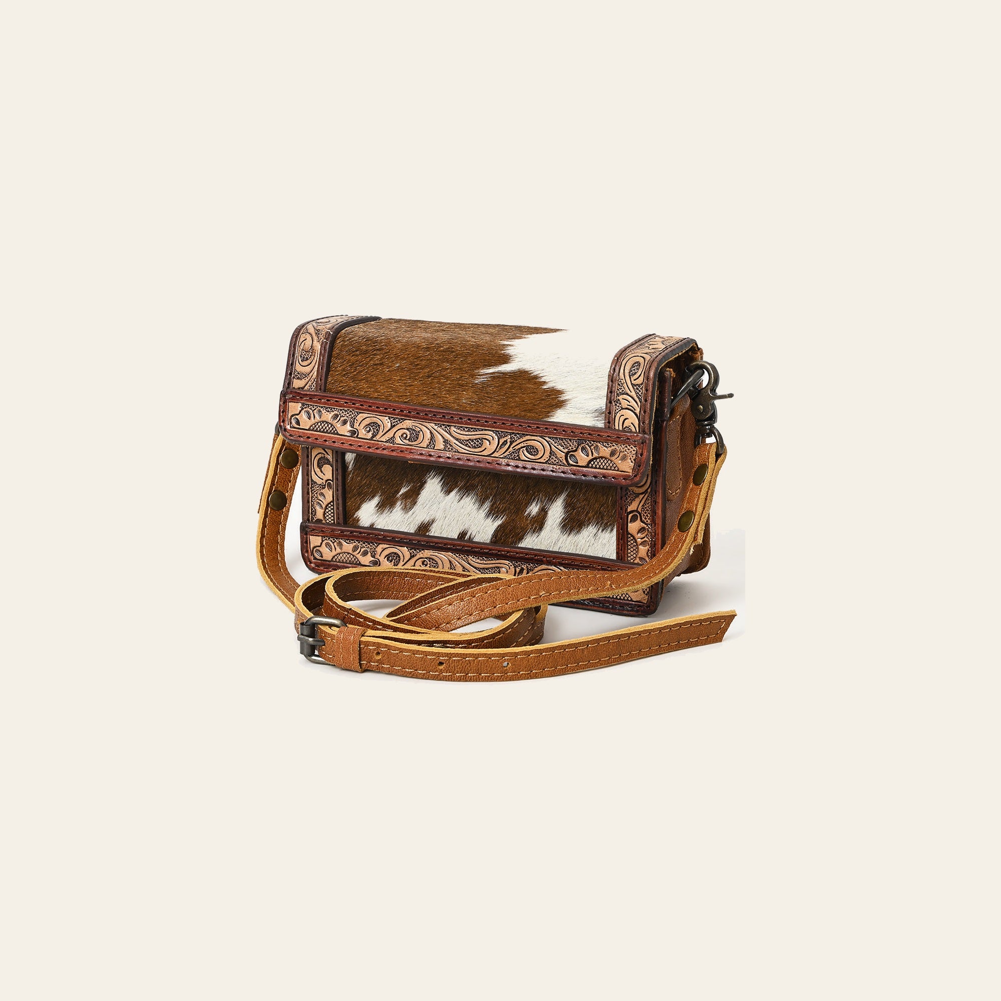 American Darling Western Leather Crossbody Bag – Genuine Hair-On Cowhide Purse with Hand-Tooled Floral Accents & Adjustable Strap
