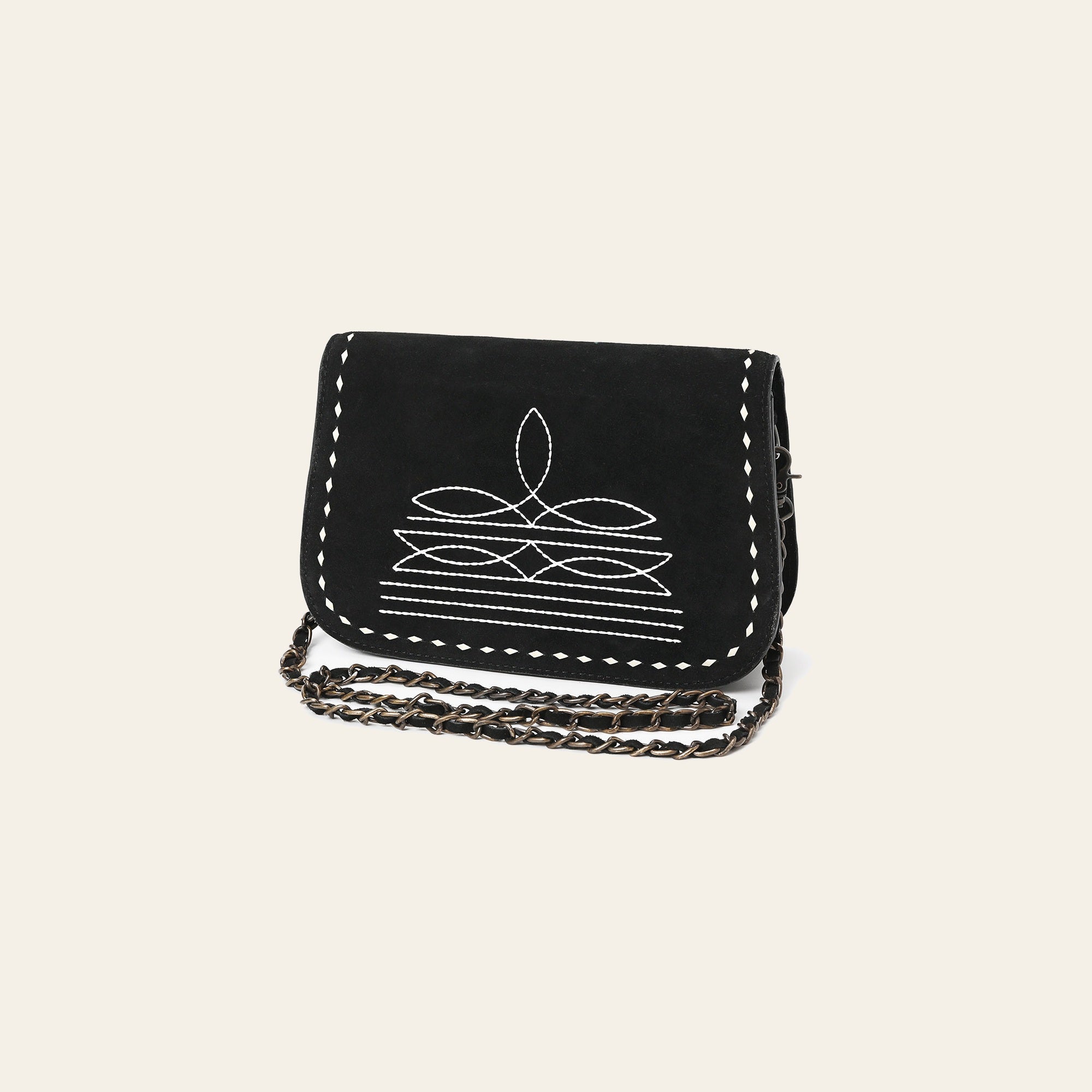 American Darling Black Genuine Suede Western Leather Crossbody Bag with Buck Stitch, Boot-Stitched Pattern, Chain Strap & Full-Grain Interior Lining
