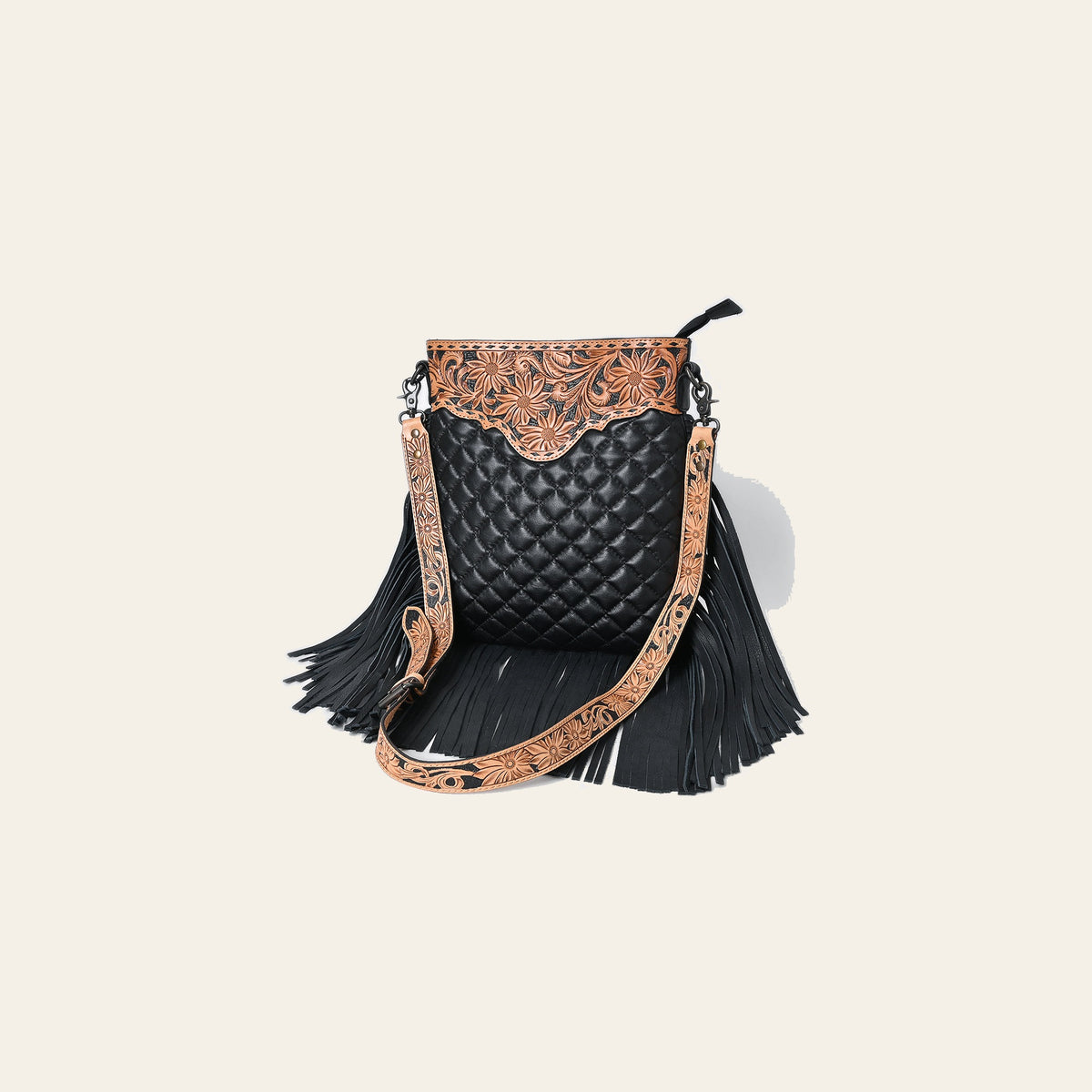 American Darling Large Western Cross Body Bag Handcrafted from Quilted & Hand-Tooled Genuine Leather | Full Fringe, Buckstitch & YKK Zipper