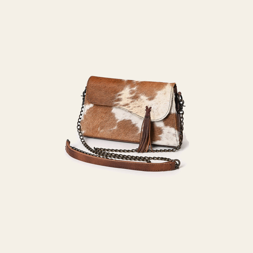 American Darling Cross body Bag, Hair-On Cowhide & Genuine Vegetable-Tanned Leather, Western Purse with Tassels, 6.5in x 11.75in