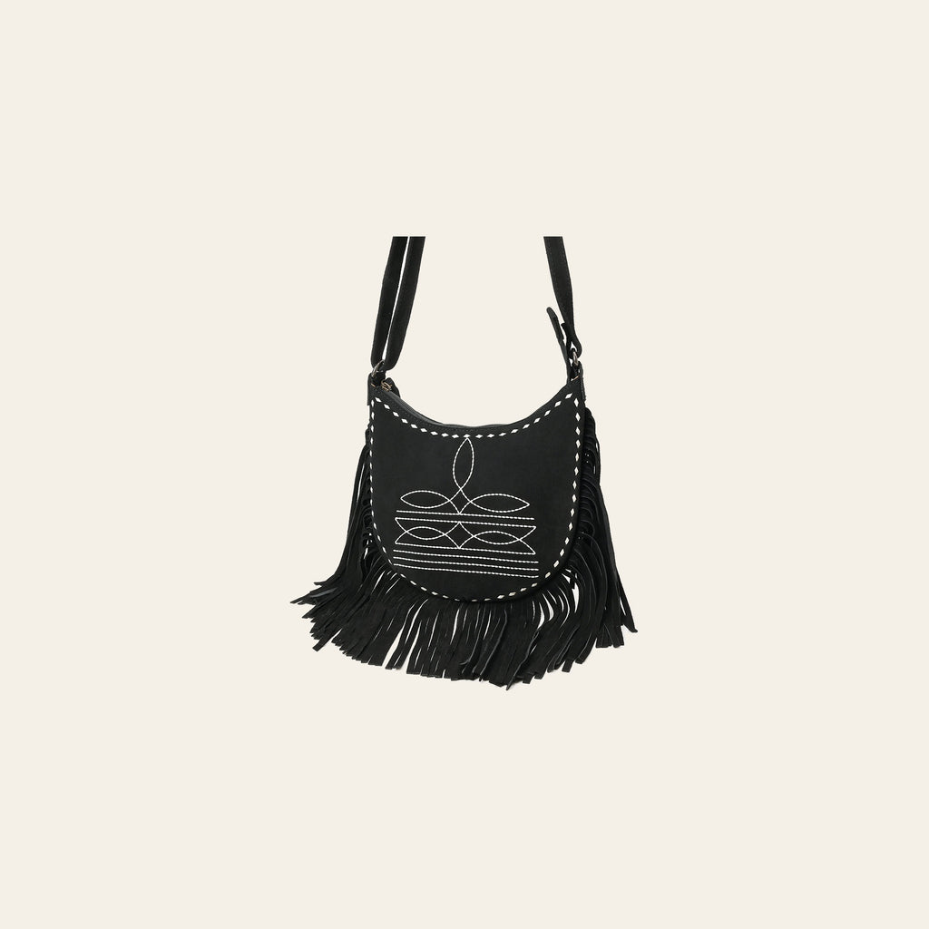 American Darling Black Genuine Suede Crossbody Bag – Western Boot Stitch Design, Fringe Detailing, Genuine Leather, Lightweight Everyday Carry