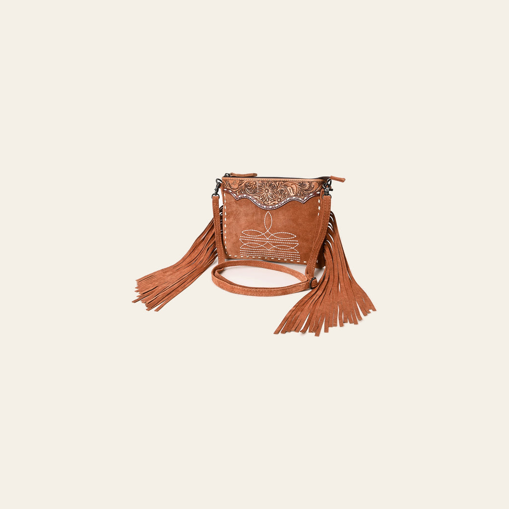 American Darling Western Leather Cross Body Bag – Hand-Tooled Accents, Fringes, Premium Genuine Suede Leather, Compact Everyday Boho Western Purse