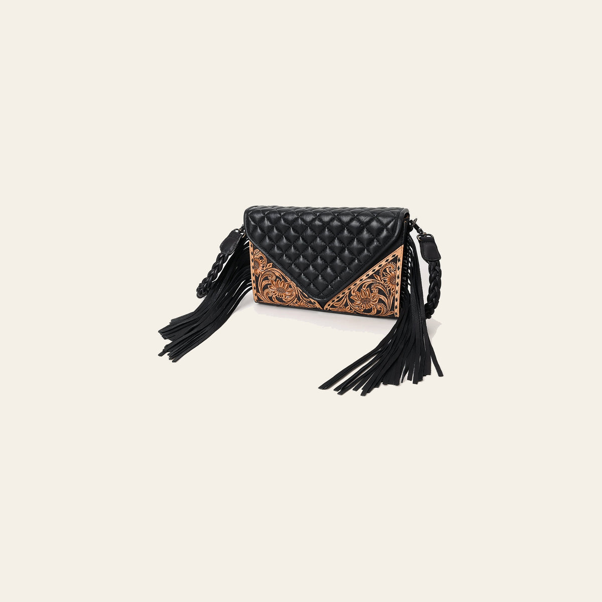 American Darling Hand-Tooled Floral Wallet Bag for Women - Genuine Leather with Fringe, Quilted & Buck Stitched Design