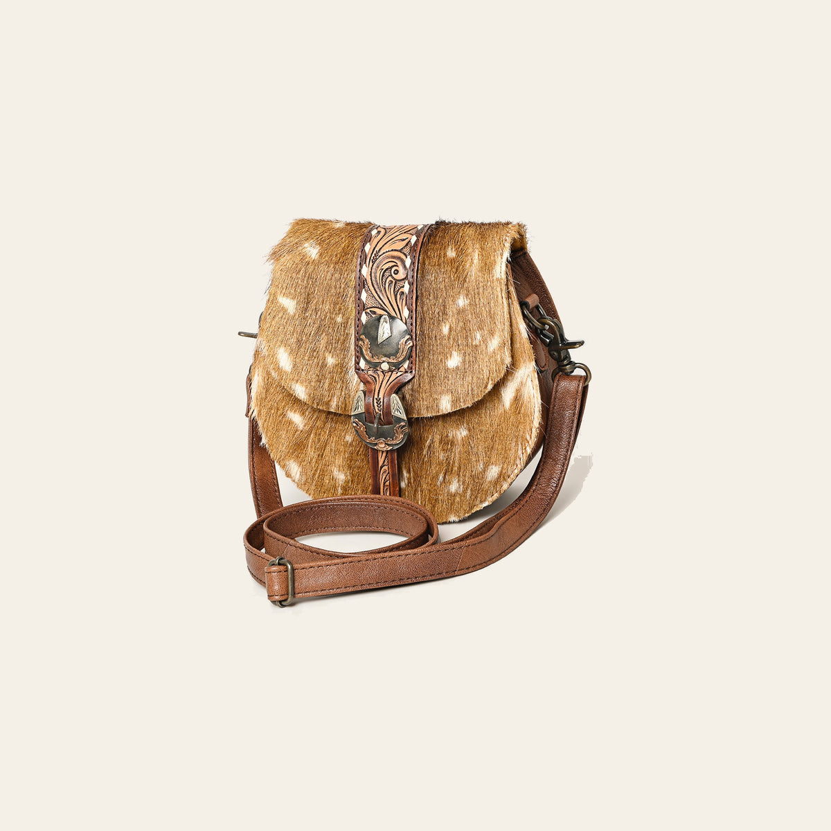 American Darling Hair-on and Hand-Tooled Genuine Leather Western Crossbody Bag with Adjustable Strap 7in (H) X 8in (W) X 3in (D)