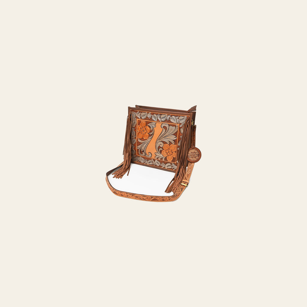 American Darling Hand-Tooled Leather Cross Body Bag with Floral Carving, Fringes, Rivet Embossing, Genuine Leather Build & Well-Compartmentalized Interior