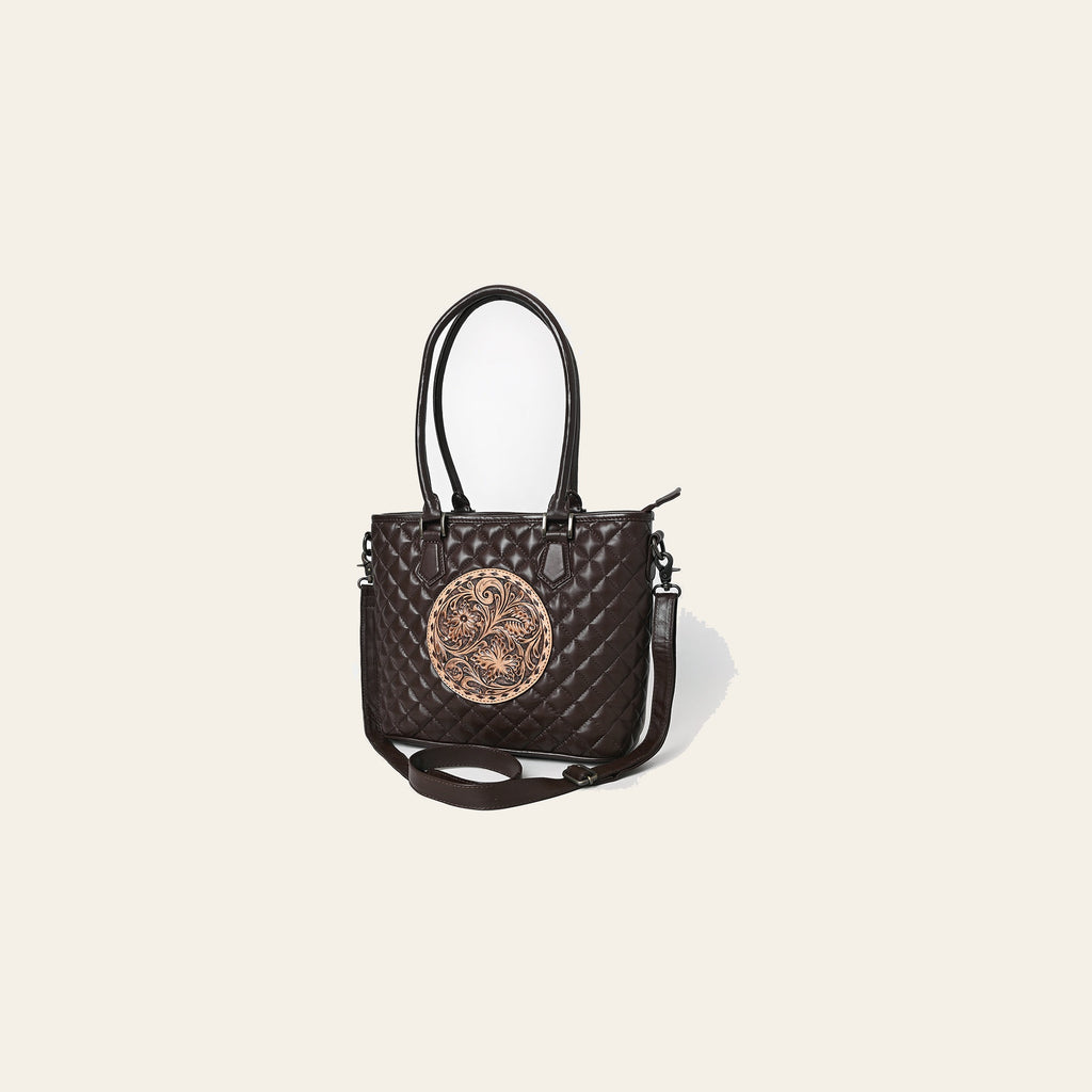 American Darling Western Tote Bag Handcrafted from Quilted & Hand-Tooled Genuine Leather | Floral Carved Accent, Buckstitch & YKK Zipper