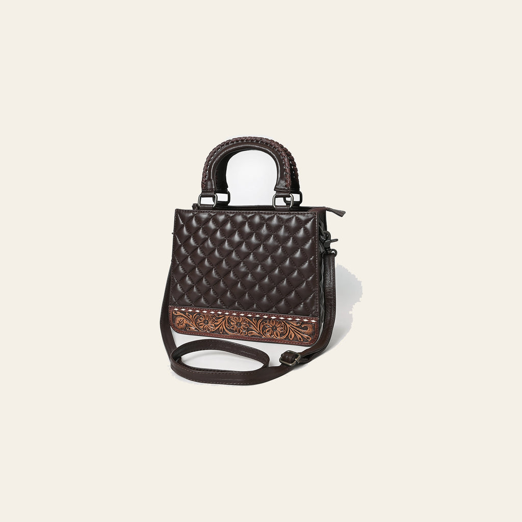 American Darling Western Tote Bag Handcrafted from Quilted Genuine Leather | Braided Handles, Tooled Floral Base & YKK Zipper