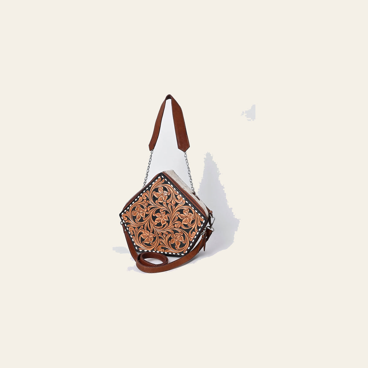 American Darling Hand Tooled Floral Carved Hair-On Cowhide Cross body Bag Genuine Leather Western Purse with YKK Zipper
