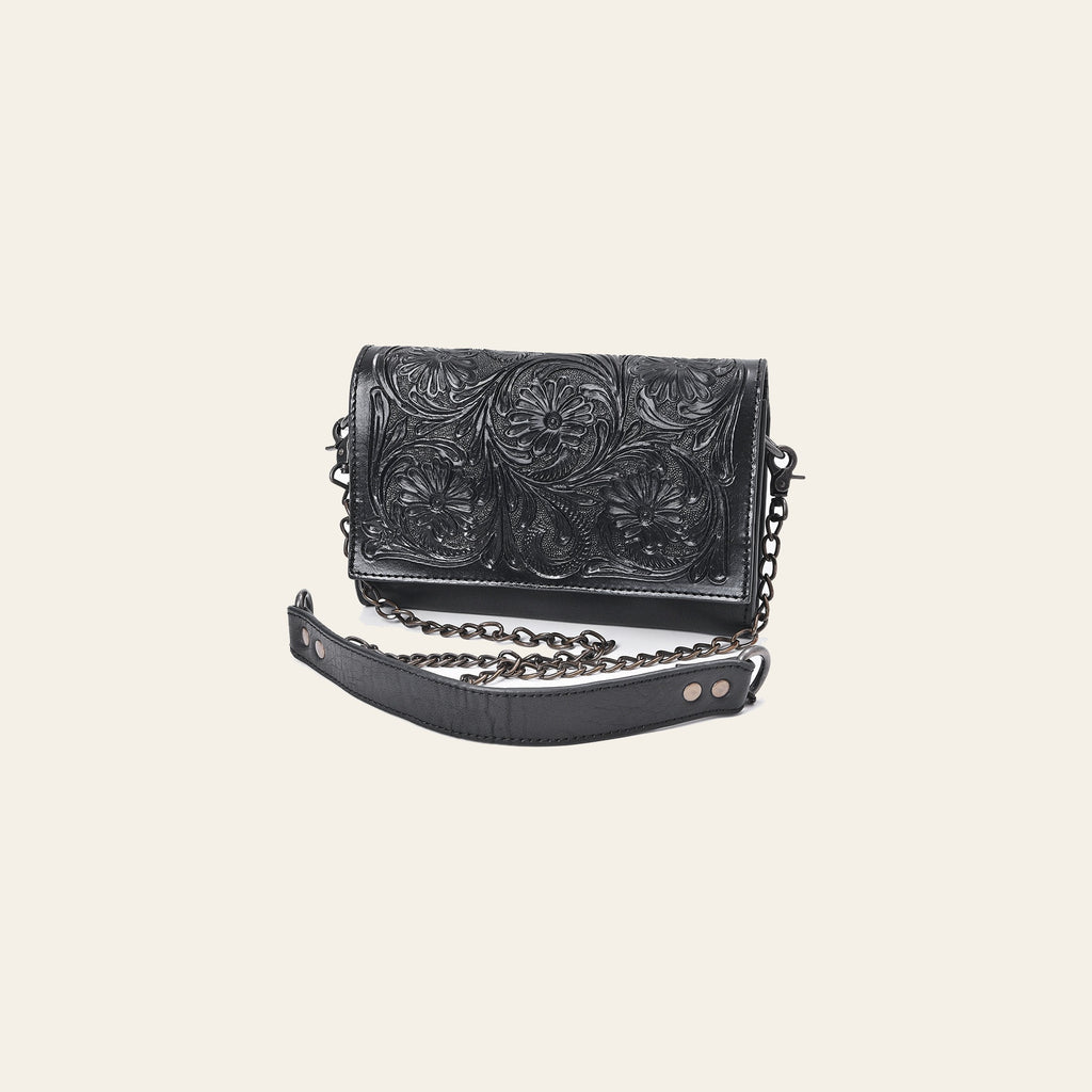 American Darling Crossbody Bag Western Hand-Tooled Genuine Leather Floral Carved Wallet with YKK Zipper and Chain Strap