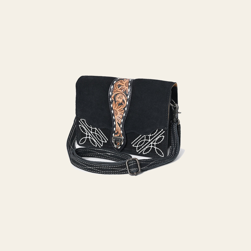 American Darling Black Western Leather Cross Body Bag – Hand-Tooled Accent Strap, Premium Genuine Suede Leather, Compact Everyday Crossbody Purse