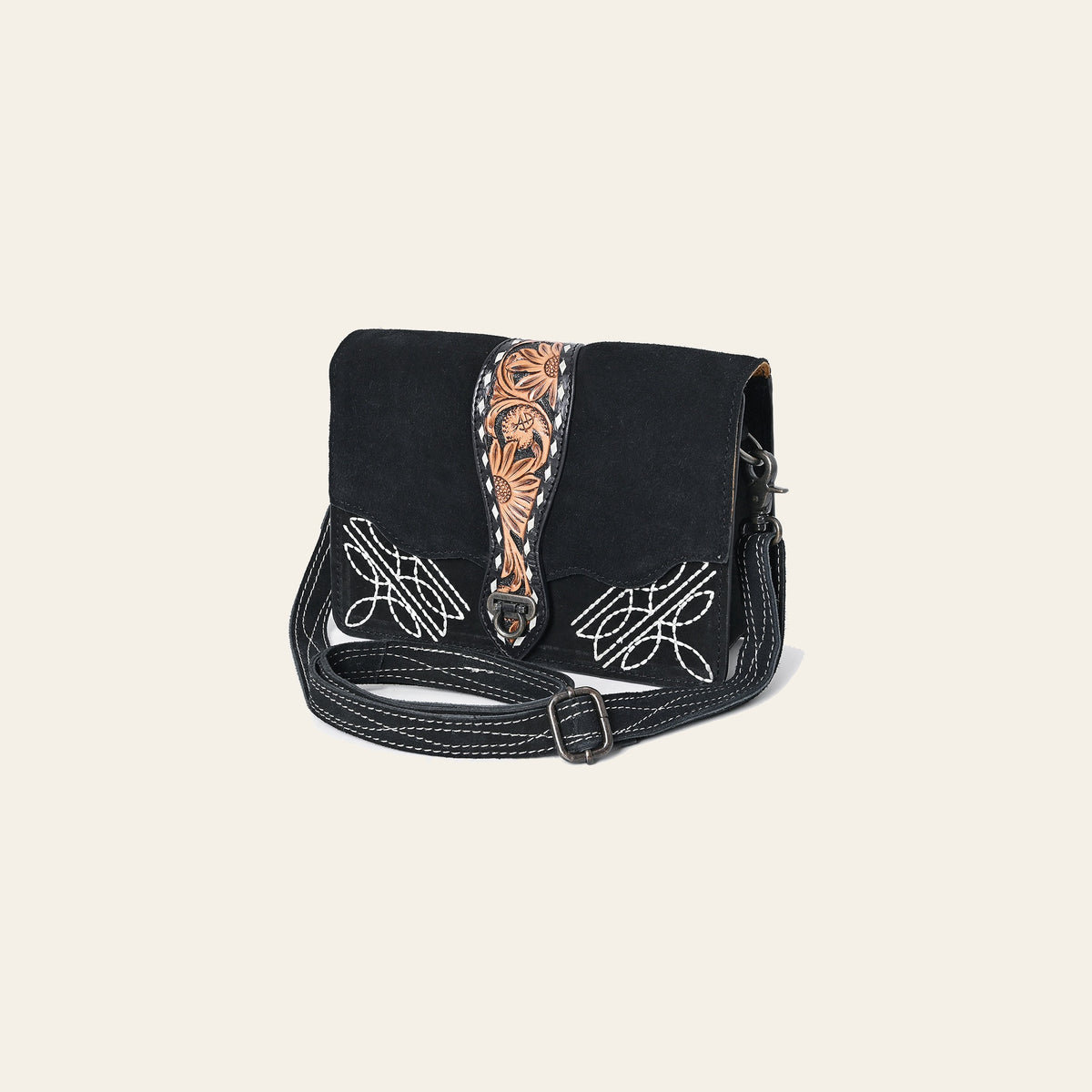 American Darling Black Western Leather Cross Body Bag – Hand-Tooled Accent Strap, Premium Genuine Suede Leather, Compact Everyday Crossbody Purse