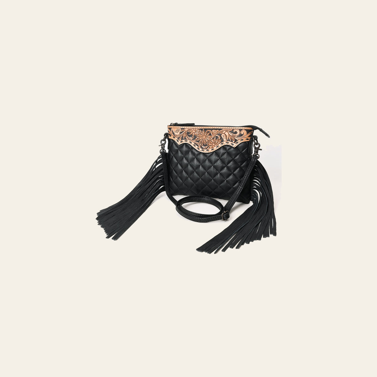 American Darling Western Black Cross Body Bag Handcrafted from Quilted & Tooled Genuine Leather | Full Fringe Accent, Flap Closure & YKK Zipper