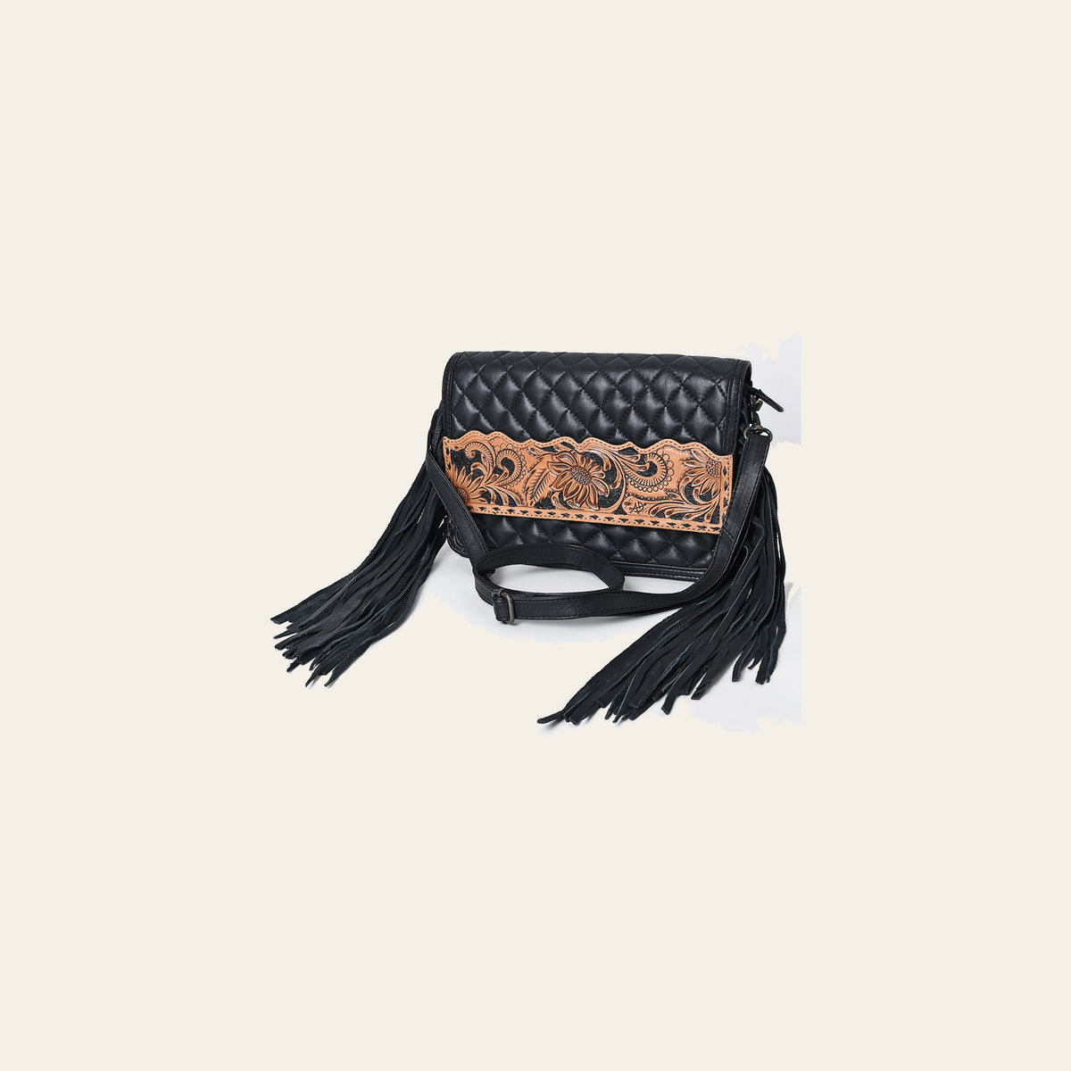 American Darling Handcrafted Western Leather Crossbody Bag - Fringes and Floral Hand-Tooled Panel - Genuine Leather