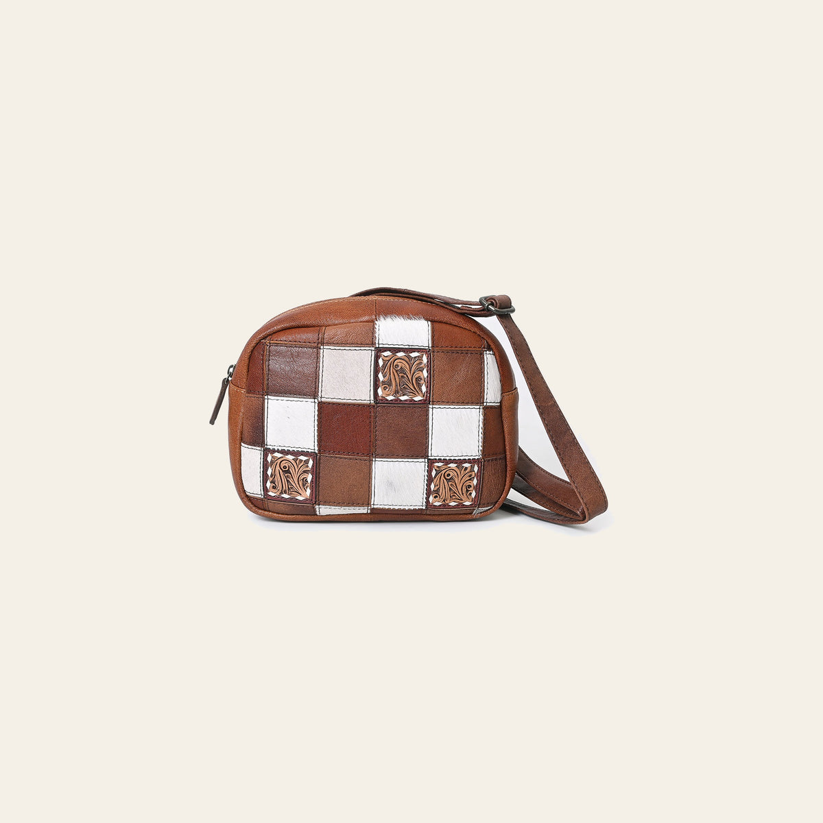 American Darling Western Leather Crossbody Bag with Hair-On Cowhide Patchwork, Genuine Leather Build & Hand-Tooled Floral Accents for Everyday Style