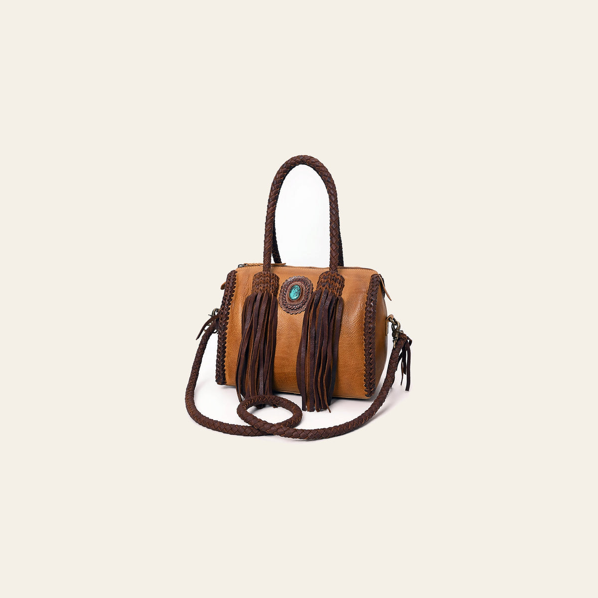 American Darling Speedy Bag Western Genuine Leather Handcrafted Purse with Fringes, Braided Handles and Turquoise Stone