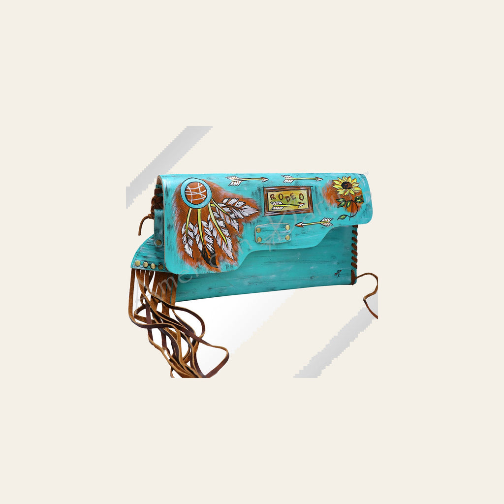 American Darling Envelope Bag - Hand-Painted Vegetable-Tanned Genuine Leather Western Clutch with Fringes - 6.5in x 12in