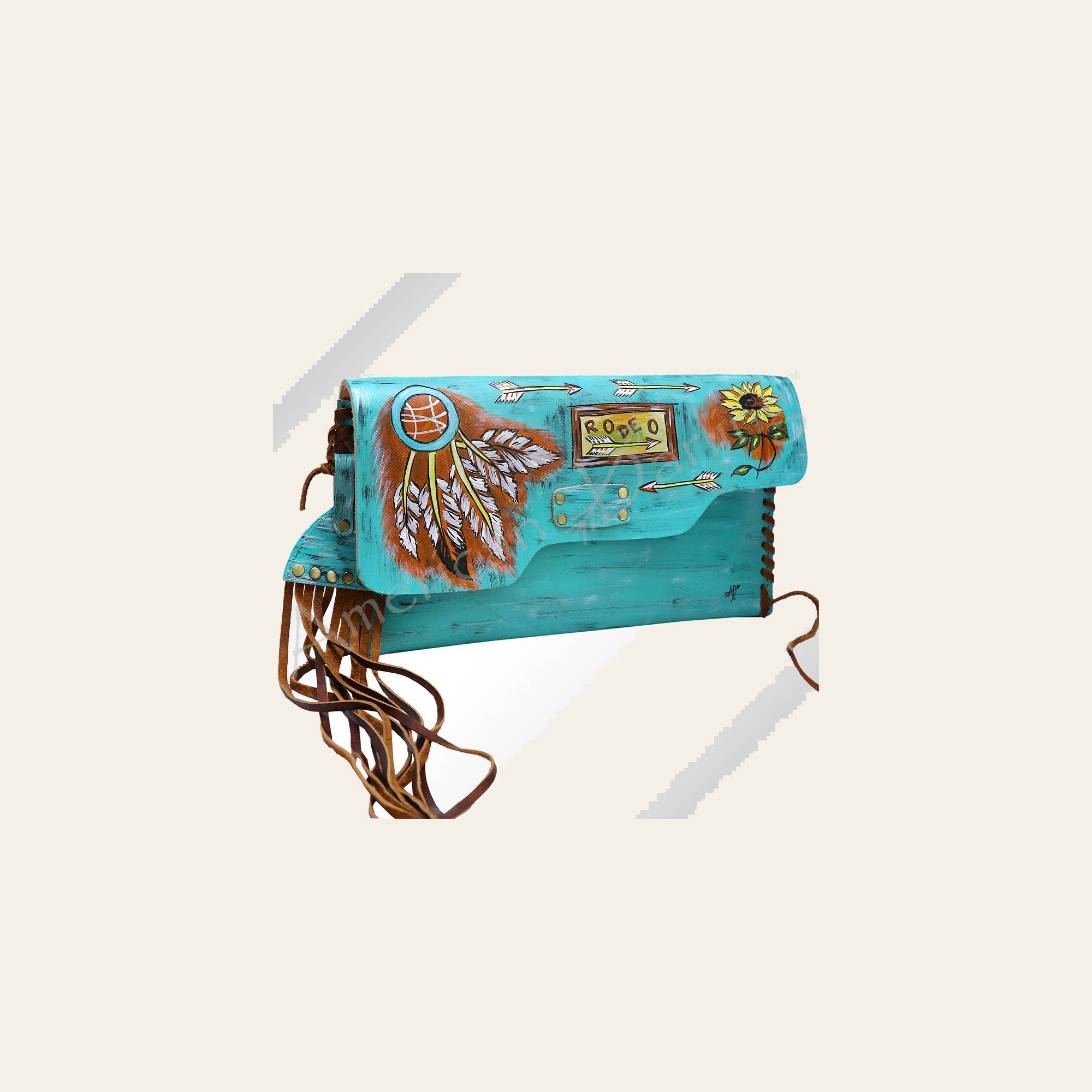 American Darling Envelope Bag - Hand-Painted Vegetable-Tanned Genuine Leather Western Clutch with Fringes - 6.5in x 12in