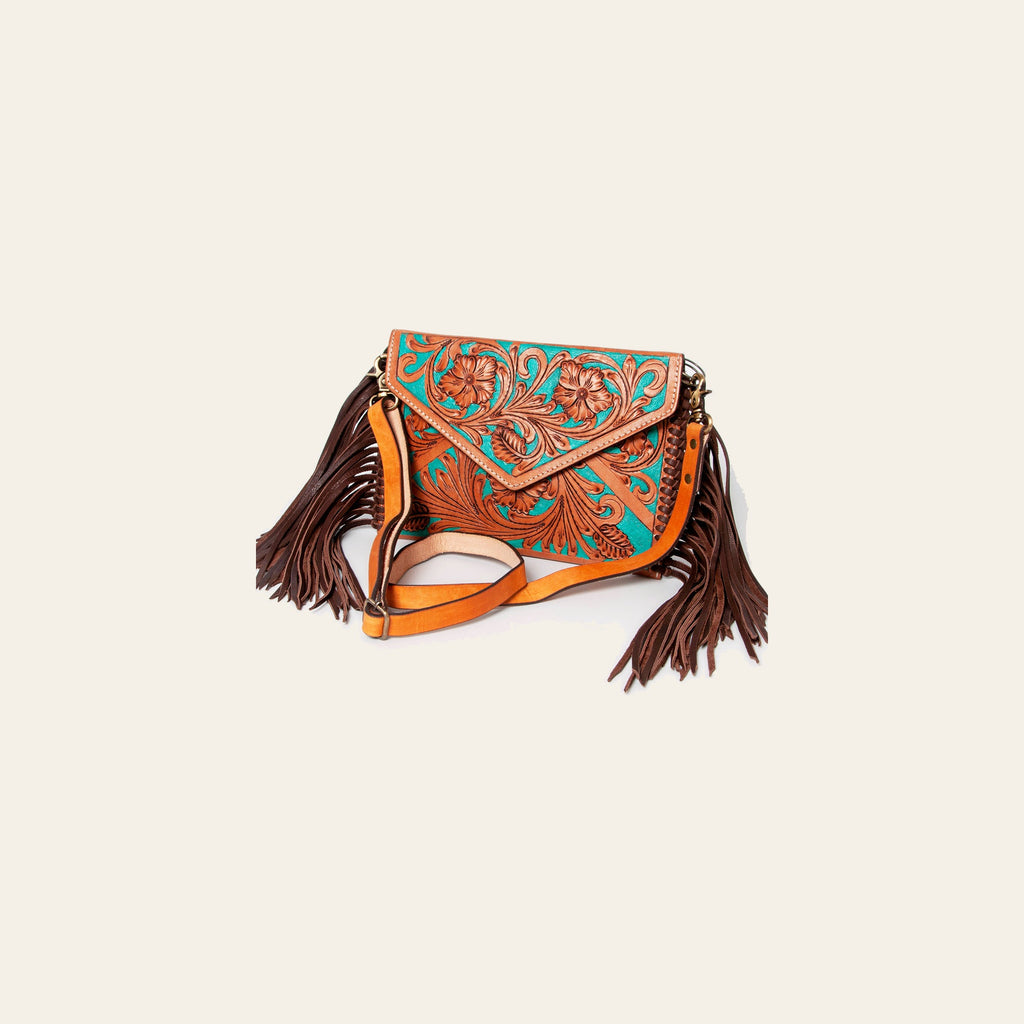 American Darling Women's Hand Tooled Floral Carved Leather Envelope with Fringes and Eco-Friendly Full Grain Leather