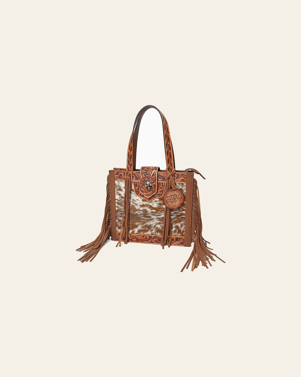 American Darling Genuine Leather Hair-On Cowhide Tooled Fringe Tote Bag